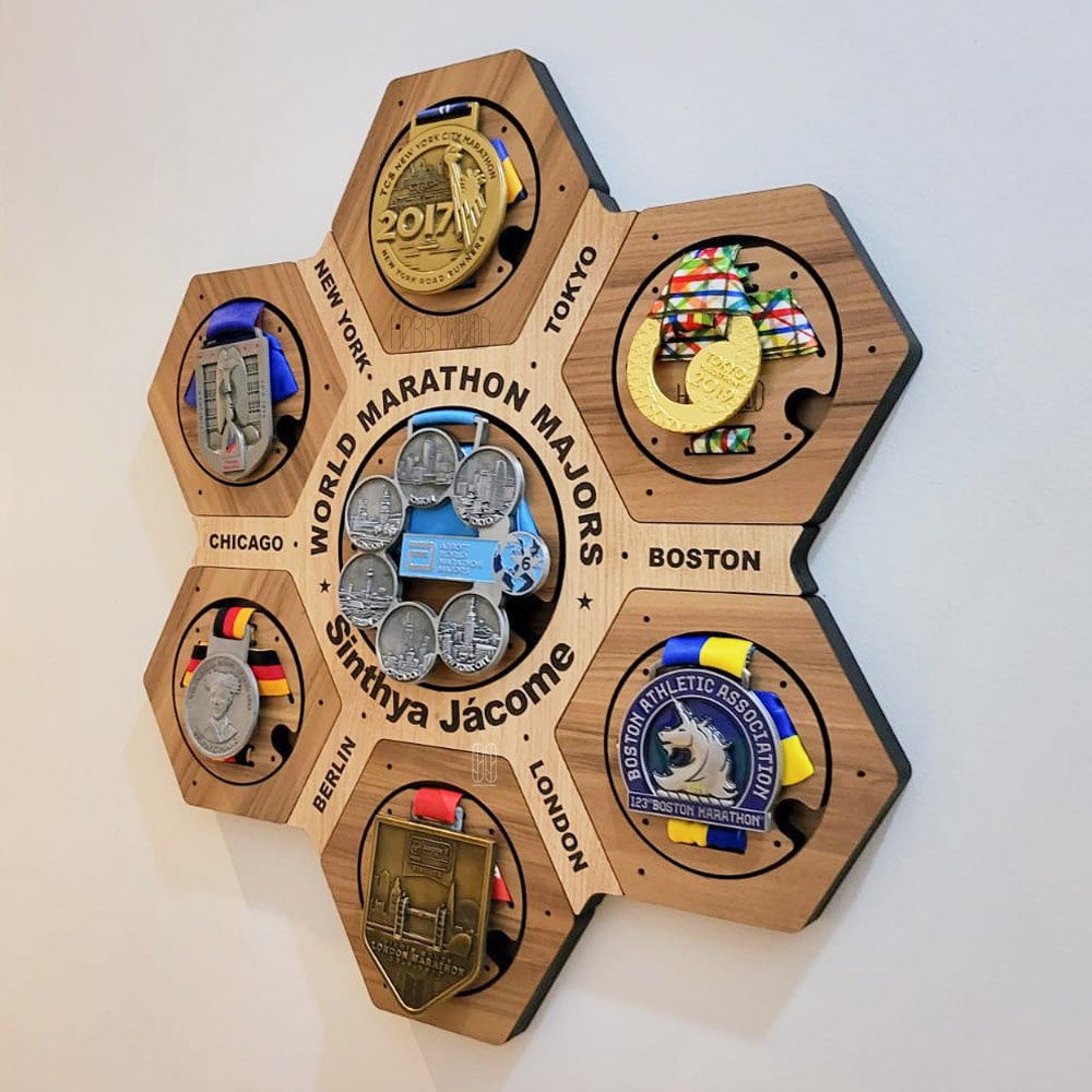 Porta Medalhas Six Majors Marathon - Kit Completo - Hobby Wood - (ref 007-a) Hexa - Sextavado - 2