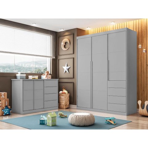 Jogo de Quarto Pérola com Guarda Roupa 3 Portas e 4 Gavetas + Cômoda 2 Portas e 4 Gavetas - Cinza