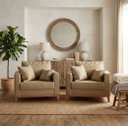 Ver imagem 1 de Kit 2 Poltronas Beny Decorativa com 2 Almofadas Linho Bege Base em Madeira Maciça