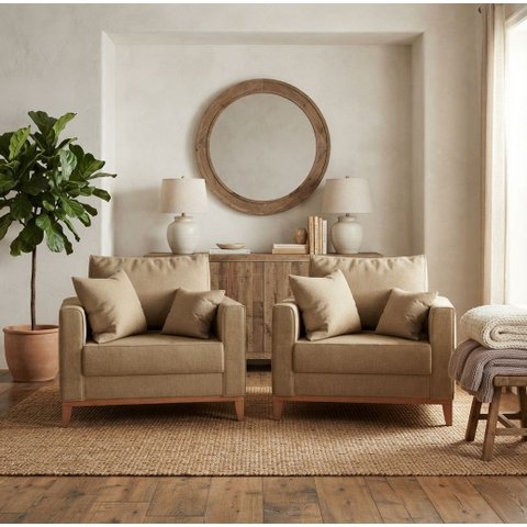Kit 2 Poltronas Beny Decorativa com 2 Almofadas Linho Bege Base em Madeira Maciça