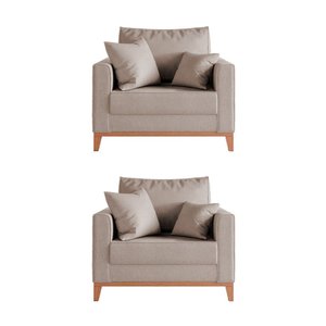 Kit 2 Poltronas Beny Decorativa com 2 Almofadas Linho Bege Base em Madeira Maciça