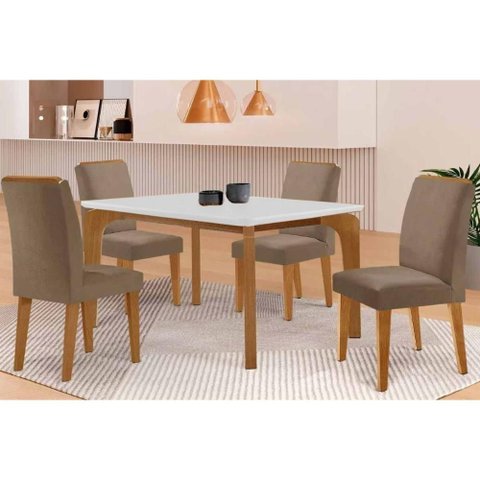 Conjunto: Mesa Sala Jantar Londrina Tampo c/ Vidro Curvo 120cm 4 Cadeiras Dakota Madeira Naturale/