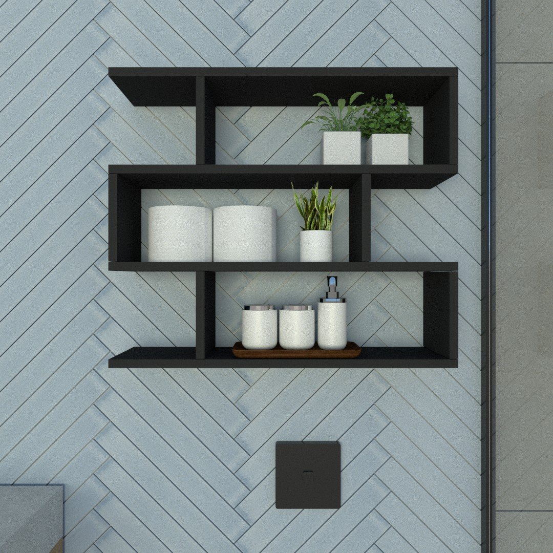 Nicho Zig P15cm Minimalista Preto Mdf Organizador Banheiro Lavanderia - Rufatto Decorações