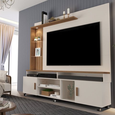 Estante para TV e Home Theater Ripado para TV até 65 Polegadas com LED 180CMX187CM LED e Rodízios Ocean Bege