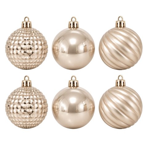 Kit 6 Bolas de Natal Champanhe 8cm Mix Perolada Fosca e Facetada Prime