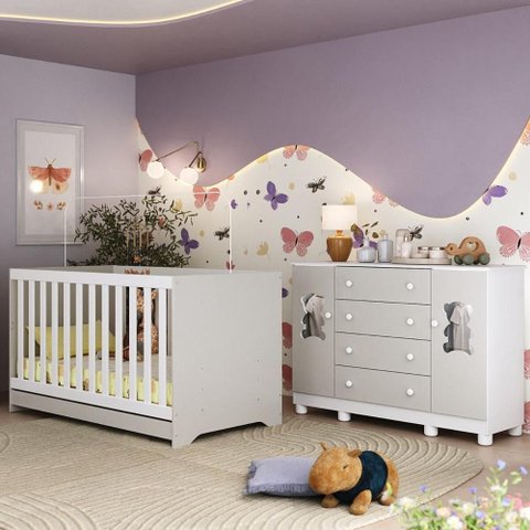 Berço Americano 3 em 1 com Cômoda 2 Portas 4 Gavetas Fofura Multimóveis Mp4728 Branco/off White