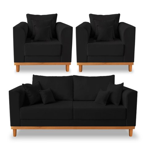 Kit Sofá 3 Lugares e 2 Poltronas Beny Viena Suede Preto - Madeira Prima Deccor