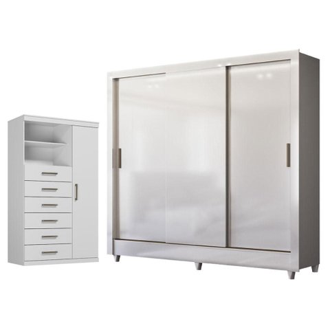 Guarda Roupa Casal Itália 3 Portas com Pés e Cômoda Marabá Branco Brilho - Santos Andirá