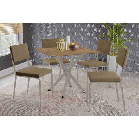 Sala de Jantar Completa Volga C/ Tampo de Madeira 90cm e 4 Cadeiras Zaria Niquel/nogueira - Suede