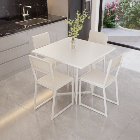 Conjunto Mesa de Jantar Quadrada Branca 4 Cadeiras Estofado Riviera Industrial Branco