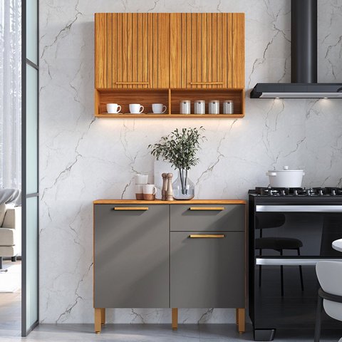 Cozinha Modulada Compacta 100% MDF 2 Peças 4 Portas 1 Gaveta Viena Espresso Móveis Cinza/Canela/Platina