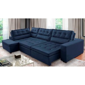 Sofá de Canto Retrátil e Reclinável com Molas 3,00x2,00 Esq Virginia Suede Azul Adonai Estofados