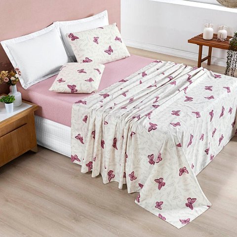 Jogo Cama Lençol Celi Casal Padrão Estampado Micropercal 200 Fios 4 Peças Borboletas Rosê - 100% Pol