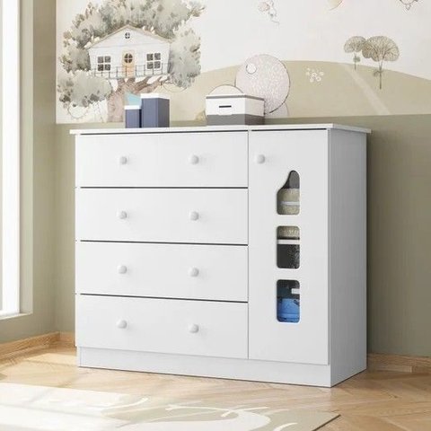 Cômoda Infantil 100% MDF 4 Gavetas e 1 Porta com Cabideiro Lívia Branco