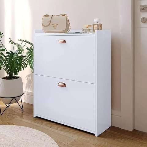 Sapateira Closet Moderna 2 Compartimentos, Branca, Puxadores Rose Gold, Corredor Quarto, Armário Par