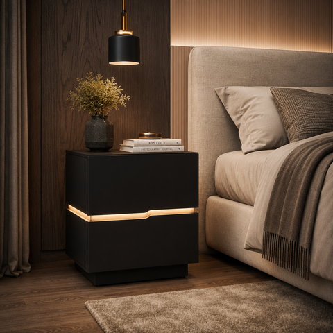Mesa de Cabeceira 60cm com LED 100% MDF 2 Gavetas Lumiar Linha Alta Moderna Lateral:Preto