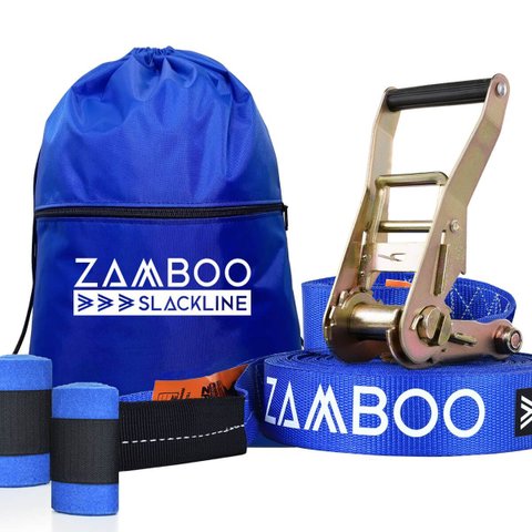 Slackline Zamboo Extremeline 30m Azul com Catraca Reforçada Protetores e Bolsa Coordenação Equilíbri