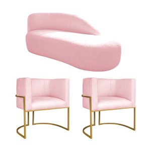 Kit Divã Luna 160cm Lado Direito e 02 Poltronas Base de Ferro Dourado Suede Doce Sonho Móveis Rosa B