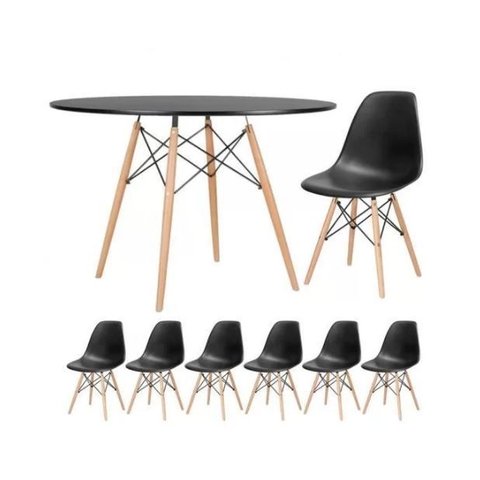 Conjunto de Mesa de Jantar Eames Eiffel Redonda 110cm Tampo de Madeira Preto com 6 Cadeiras Pretas