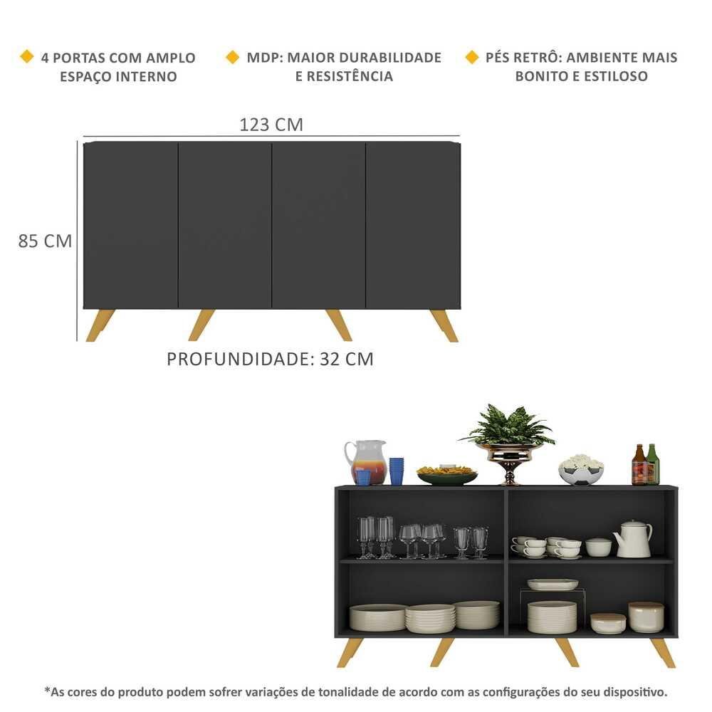 Aparador Buffet 4 Portas Retrô Alemanha Multimóveis BR3556 Preto/Natural - 4