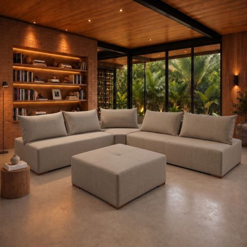 Sofá de Canto Modulado com Puff e Base Madeira Maciça 320CMX270CM Lisboa
