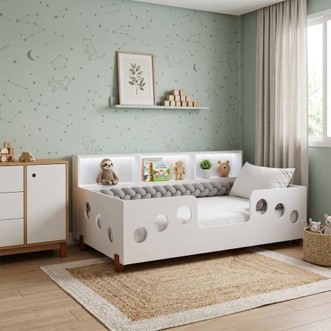 Cama Montessoriana Completa Lanna com Colchão com Enxoval e Trança 2,5m - Cinza