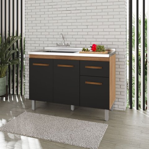 Balcão 120cm Anita 03 Portas e 01 Gaveta com Pia e Cuba Ghelplus Savana Preto Moblis