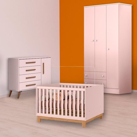 Conjunto Berço Mini Cama Slim, Cômoda Sapateira Retrô e Guarda Roupa Rosa