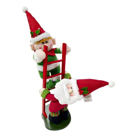 Enfeite Decoração de Natal Papai Noel e Elfo na Escada 50cm