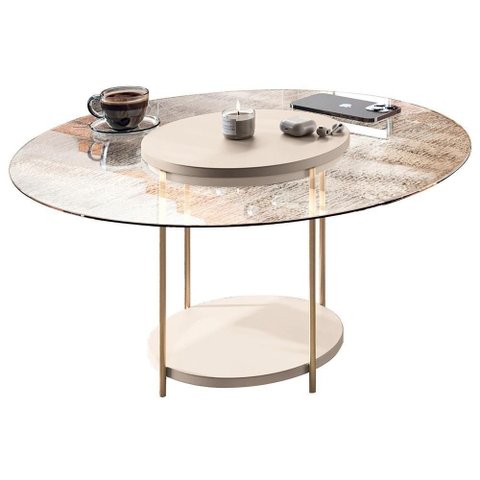 Mesa de Centro para Sala Redonda Tampo Vidro Pés Aço Allure B01 Off White - Lyam Decor