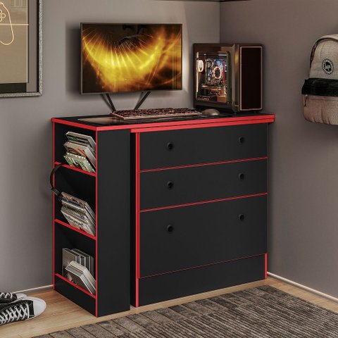 Cômoda 3 Gavetas com Mesa Giratória Gamer Preto/vermelho- Qmovi