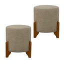 Ver imagem 2 de Kit 2 Puff Banqueta 3 Pés Madeira Resistente Luxo Tecido Moderno Linho Bege