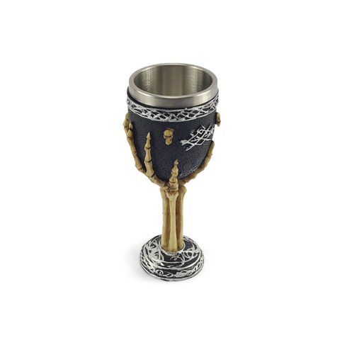 Taça Cálice Em Aço Inox e Resina Crânio Medieval Mão Esqueleto Osso Rock Colecionável Decorativo Coq