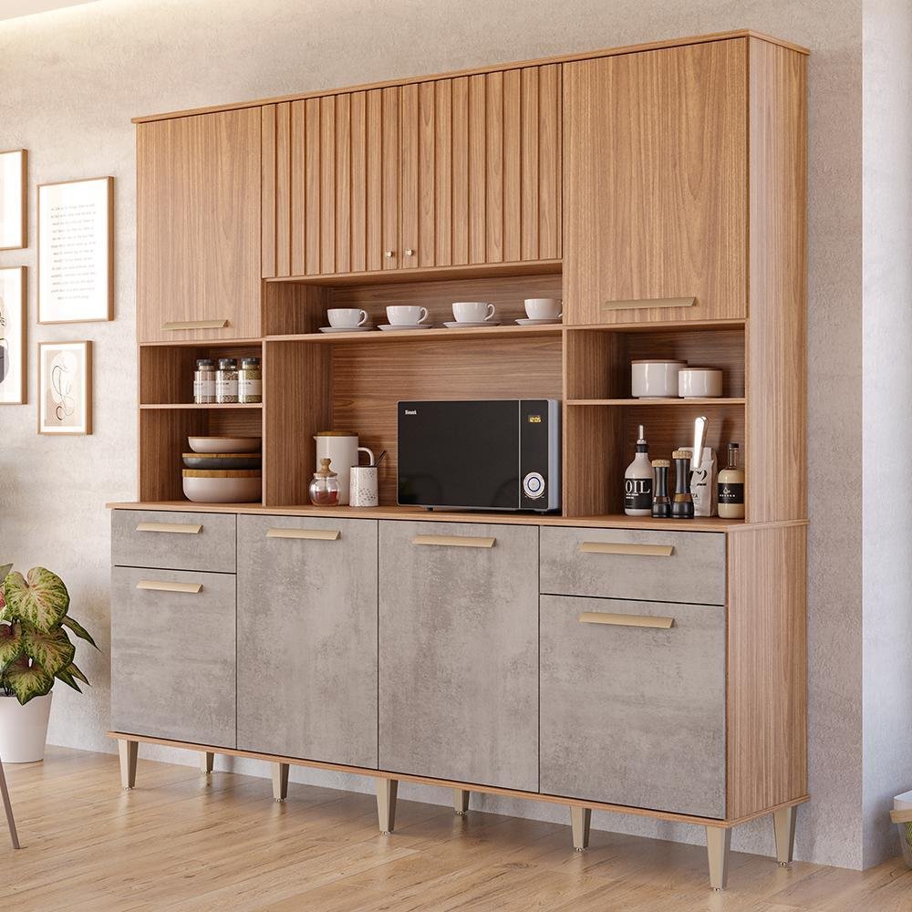 Cozinha Compacta Lívia 200cm 8 Portas e 2 Gavetas Freijó/cimento