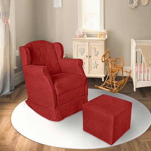 Poltrona Amamentação Balanço Bege + Puff:vermelho