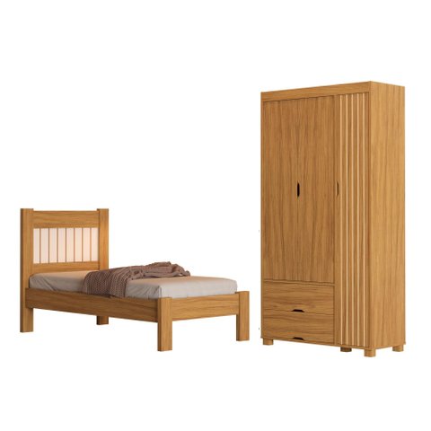 Kit Bela Cama Solteiro com Guarda Roupa 3 Portas para Quarto de Mdf Design Moderno de Rattan