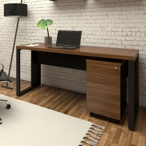 Mesa Escrivaninha Industrial 150cm Gaveteiro Clean Pés Metal Cor:Nogal com Preto