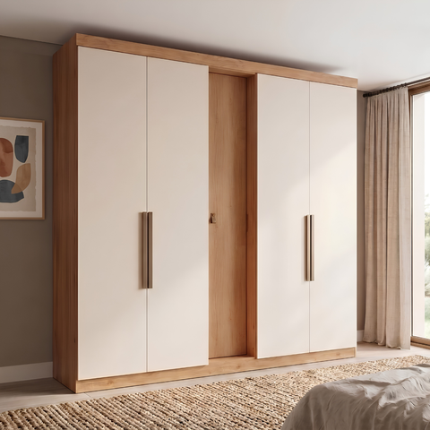 Guarda-Roupa Casal 5 Portas 4 Gavetas MDF 200cm Supremo Yescasa Off White Freijó/Areia
