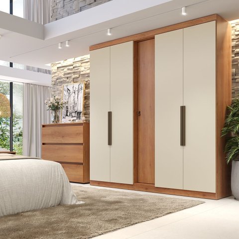 Guarda Roupa Casal 100% MDF 5 Portas e 4 Gavetas 230 x 200cm Supremo Freijó/Areia Off White
