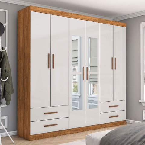 Guarda-roupa Casal Mondo 6 Portas 4 Gavetas com Espelho Cinamomo/off White - Pnr Móveis