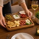 Ver imagem 5 de Tabua Petisqueira Carne Madeira Teca 3 Molheiras Bandeja Petiscos Aperitivos Completa Ramequim Gourm