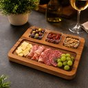 Ver imagem 2 de Tabua Petisqueira Carne Madeira Teca 3 Molheiras Bandeja Petiscos Aperitivos Completa Ramequim Gourm