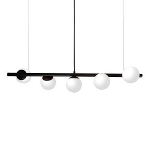 Lustre Pendente Figo Preto - 5 Globos Esfera de Vidro Branco