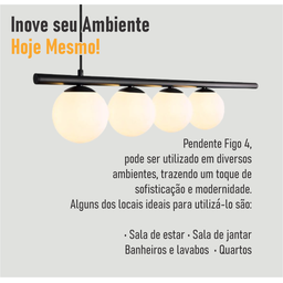Lustre Pendente Figo Preto - 5 Globos Esfera de Vidro Branco - 7