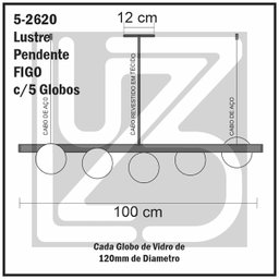 Lustre Pendente Figo Preto - 5 Globos Esfera de Vidro Branco - 8