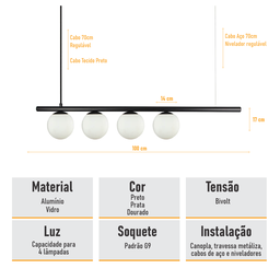 Lustre Pendente Figo Preto - 5 Globos Esfera de Vidro Branco - 5