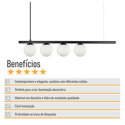 Lustre Pendente Figo Preto - 5 Globos Esfera de Vidro Branco - 6