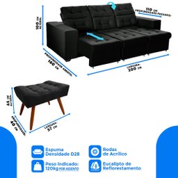 Sofá 3 Lugares Preto Itália Plus 2,00m Retrátil, Reclinável+2 Puffs - 3