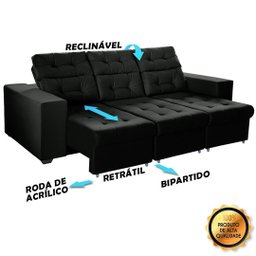 Sofá 3 Lugares Preto Itália Plus 2,00m Retrátil, Reclinável+2 Puffs - 4