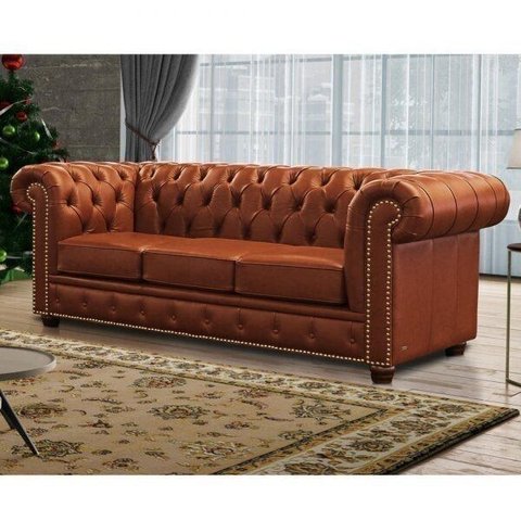 Sofá 3 Lugares com Tachas em Couro Legítimo Chesterfild